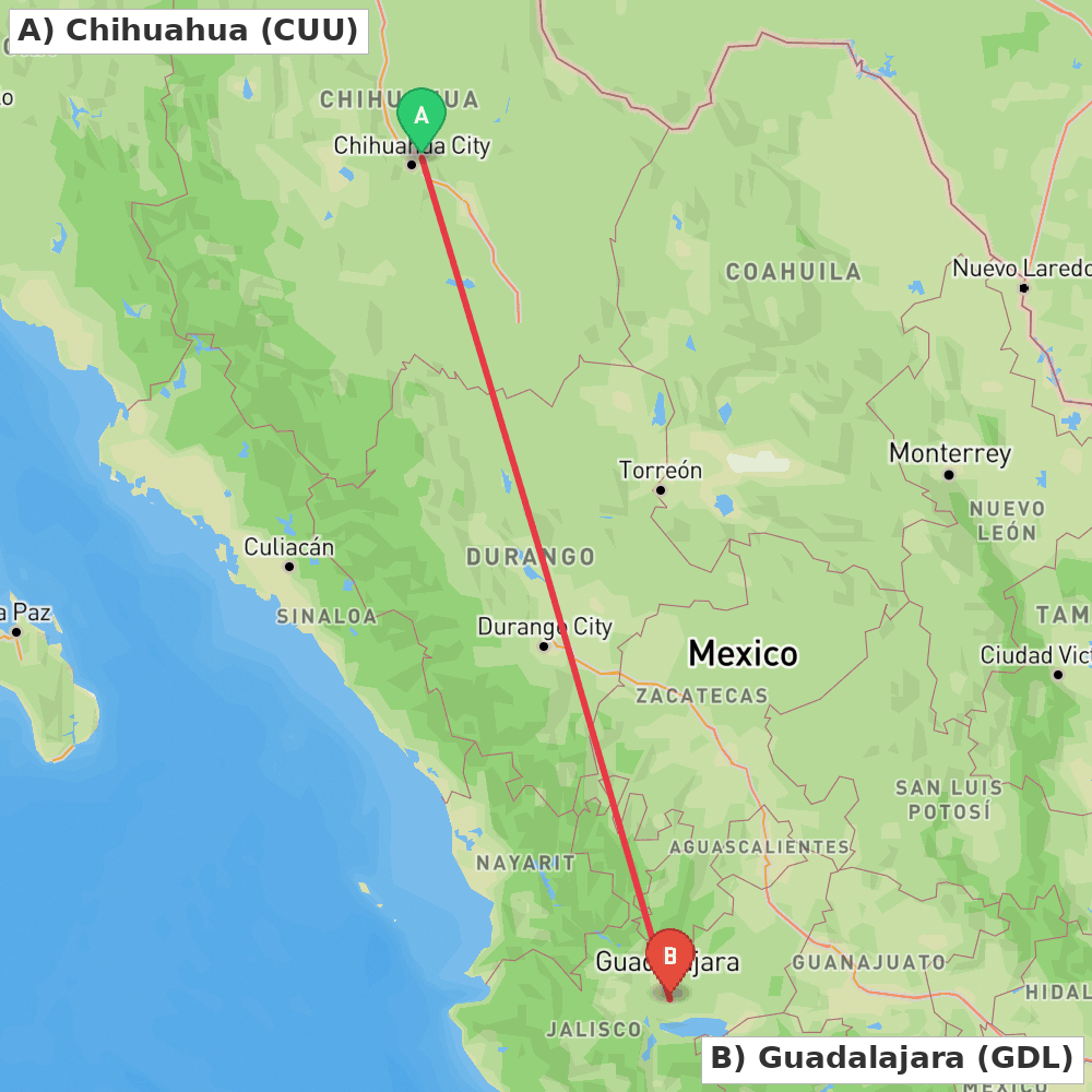 Flight route map from Chihuahua to Guadalajara
