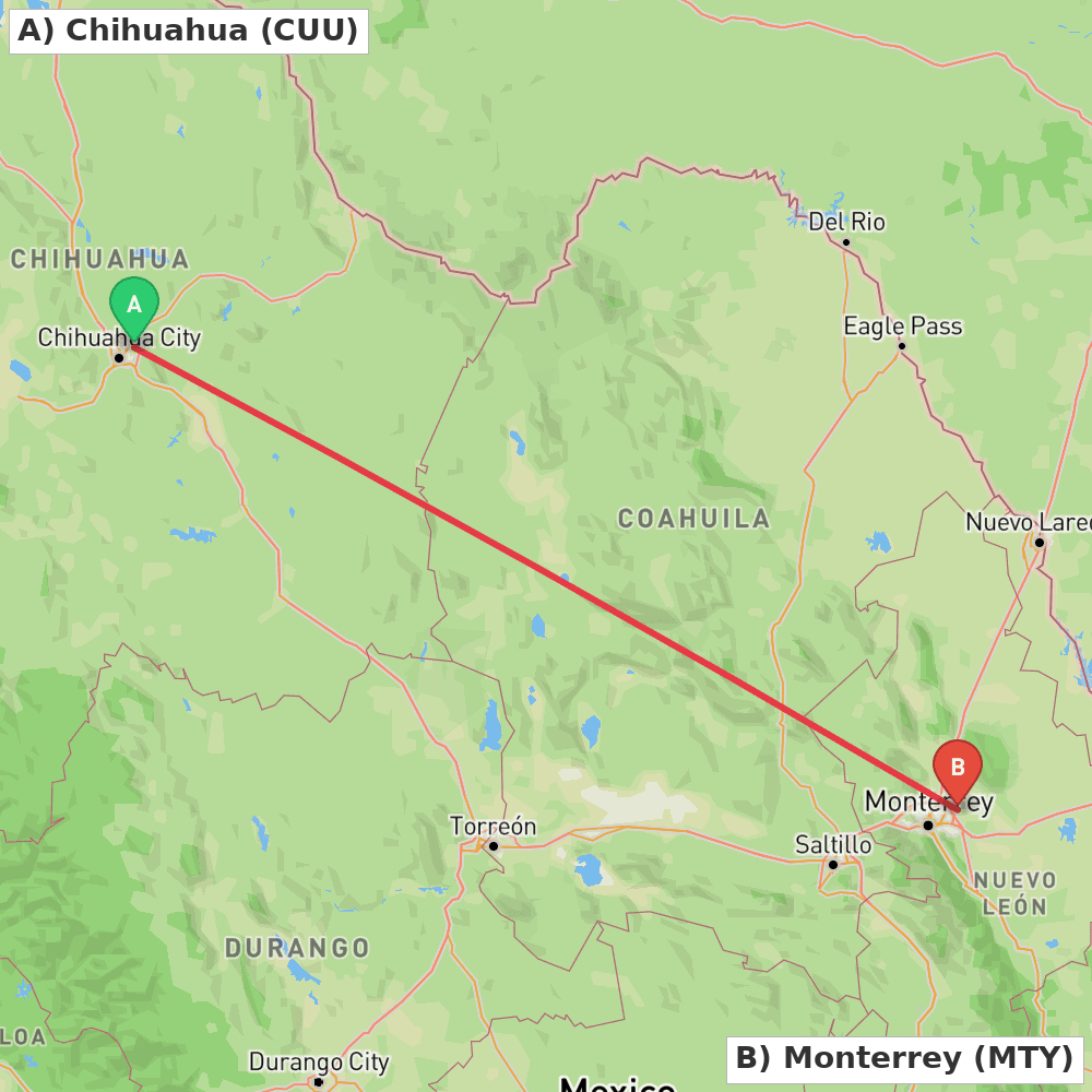 Flight route map from Chihuahua to Monterrey