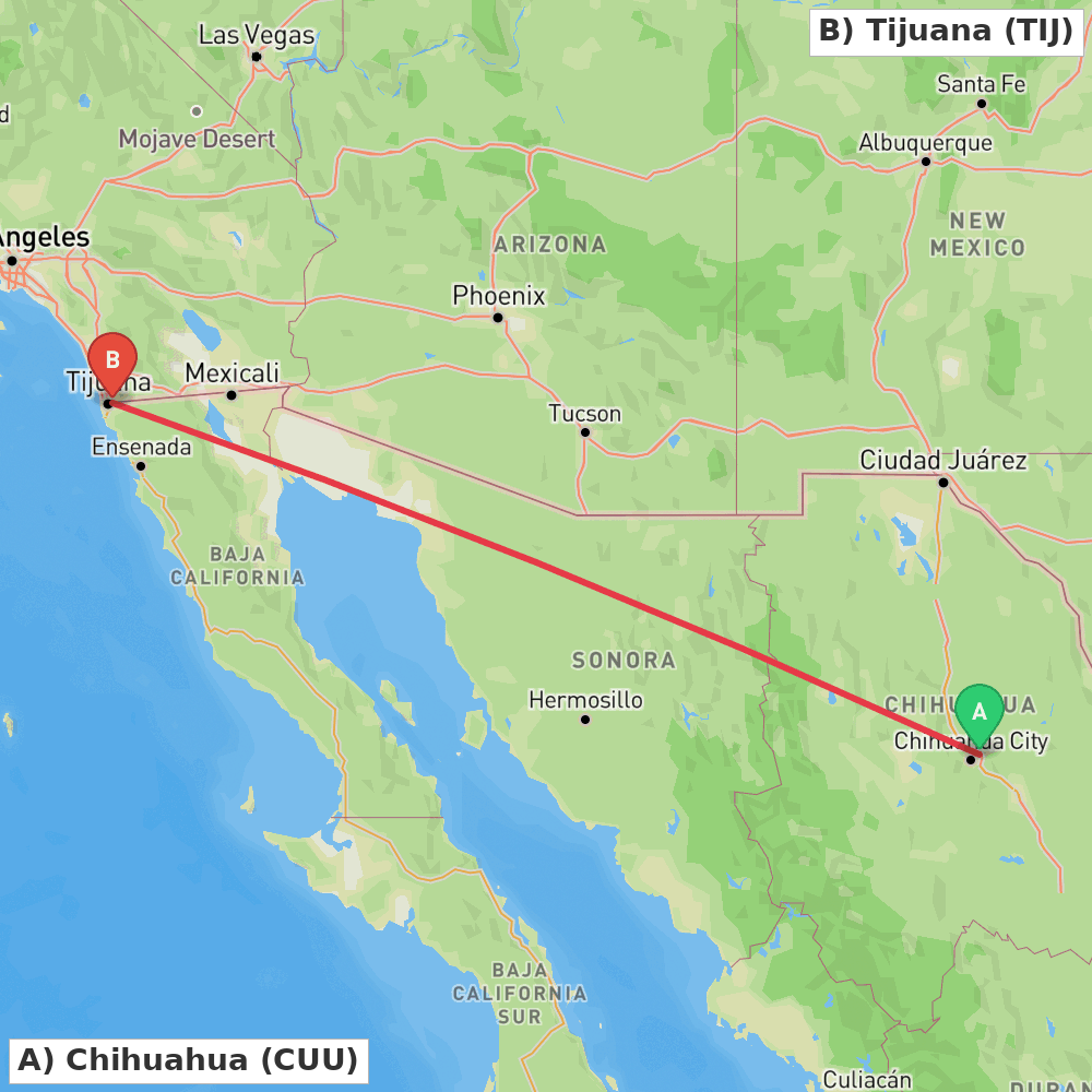 Flight route map from Chihuahua to Tijuana