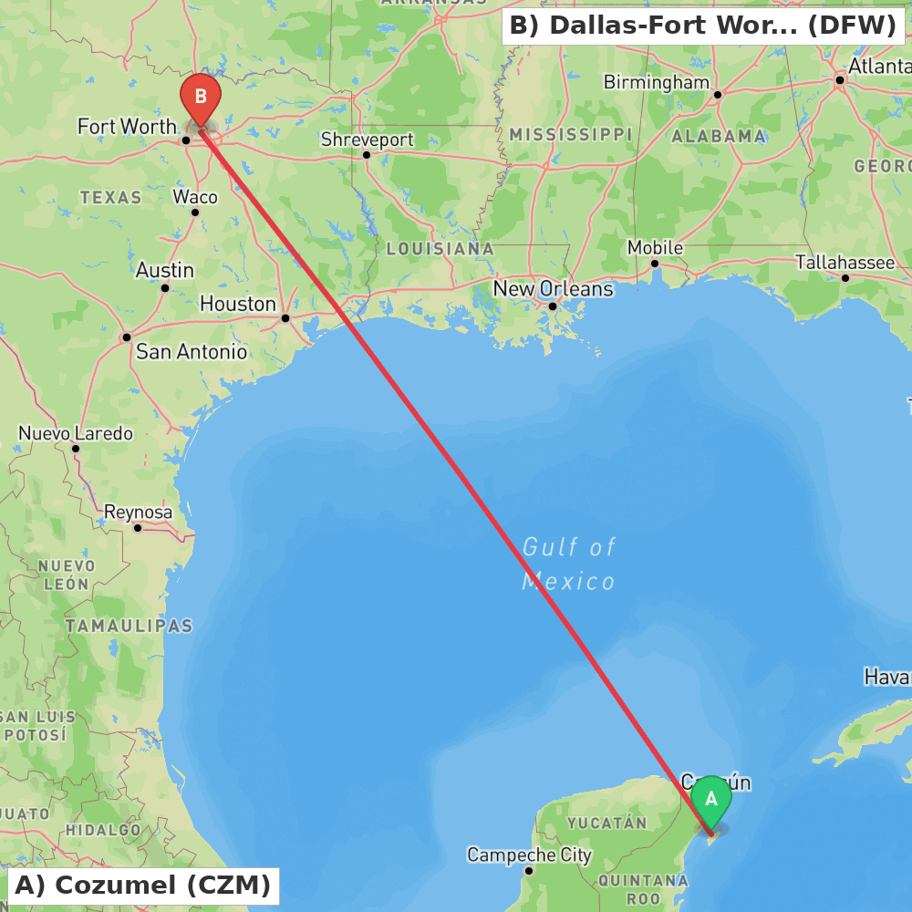 Flight route map from Cozumel to Dallas-Fort Worth
