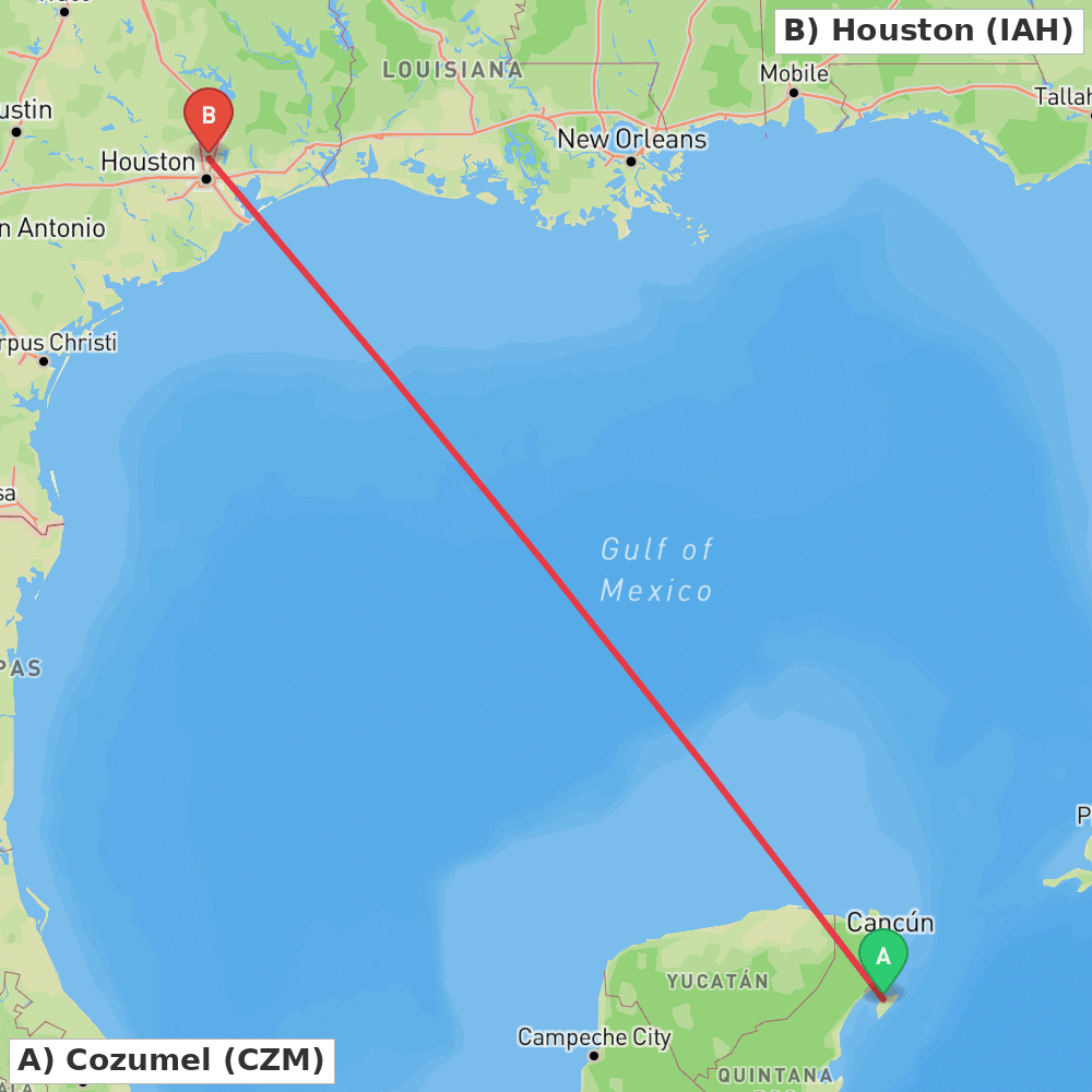 Flight route map from Cozumel to Houston