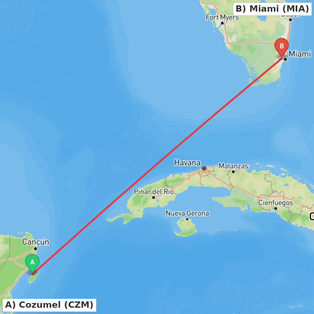 Flight route map from Cozumel to Miami