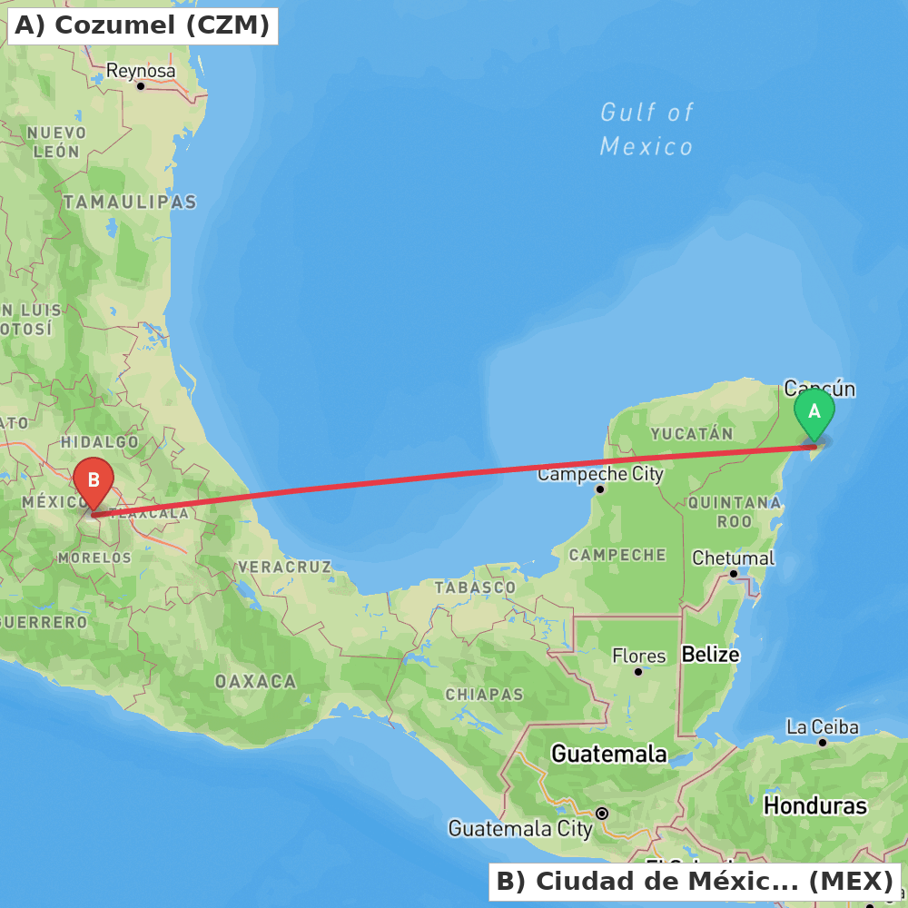 Flight route map from Cozumel to Ciudad de México