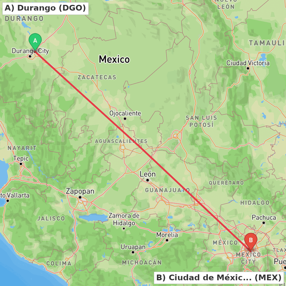 Flight route map from Durango to Ciudad de México
