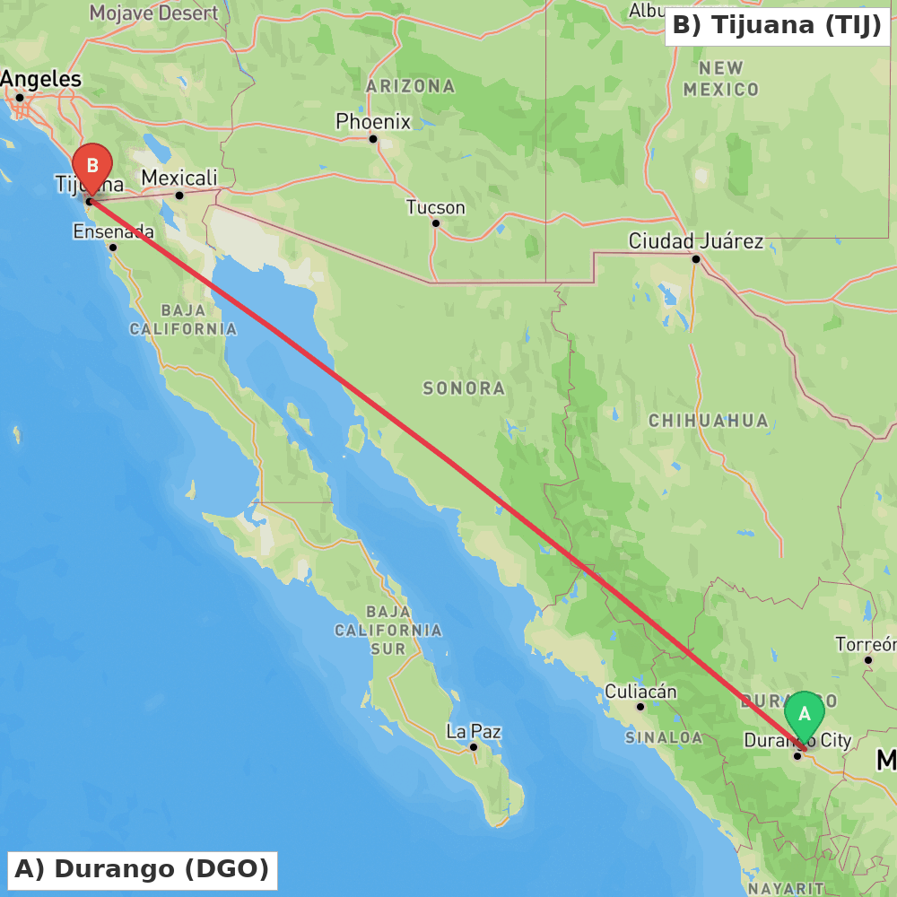 Flight route map from Durango to Tijuana