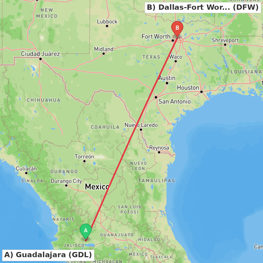 Flight route map from Guadalajara to Dallas-Fort Worth