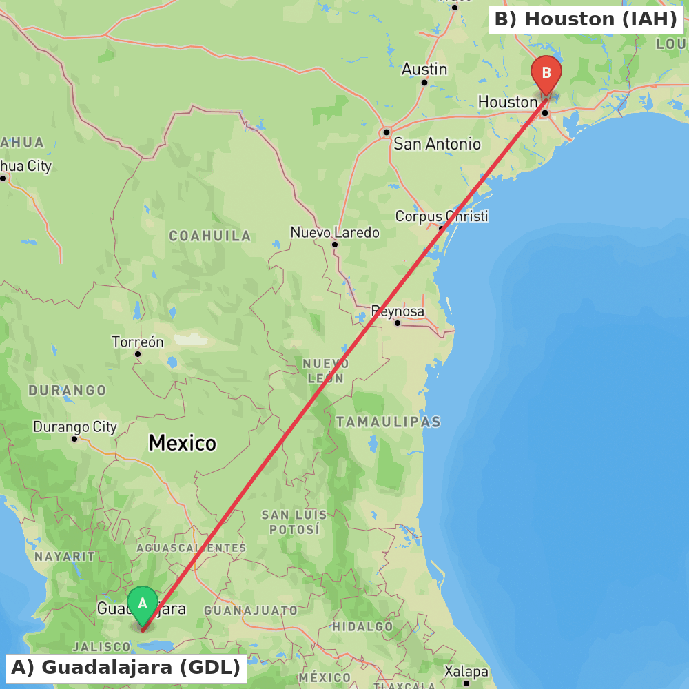 Flight route map from Guadalajara to Houston