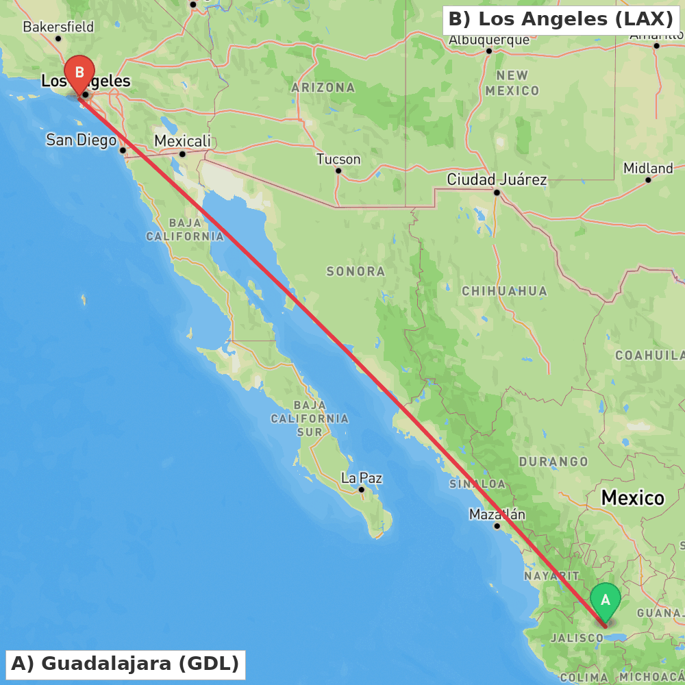 Flight route map from Guadalajara to Los Angeles