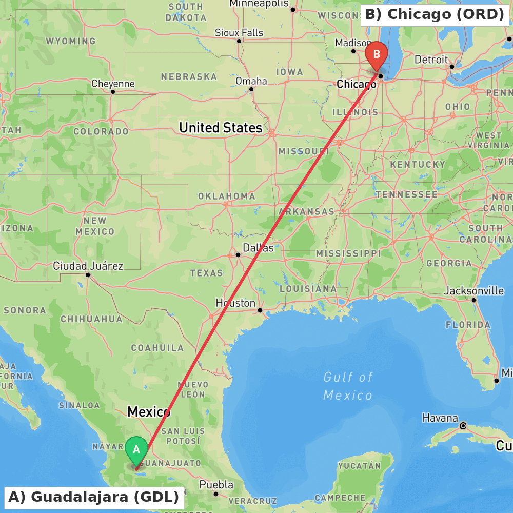 Flight route map from Guadalajara to Chicago