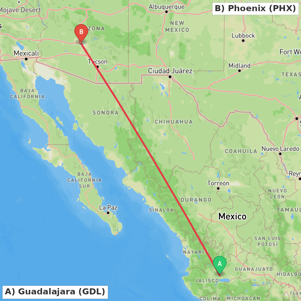 Flight route map from Guadalajara to Phoenix