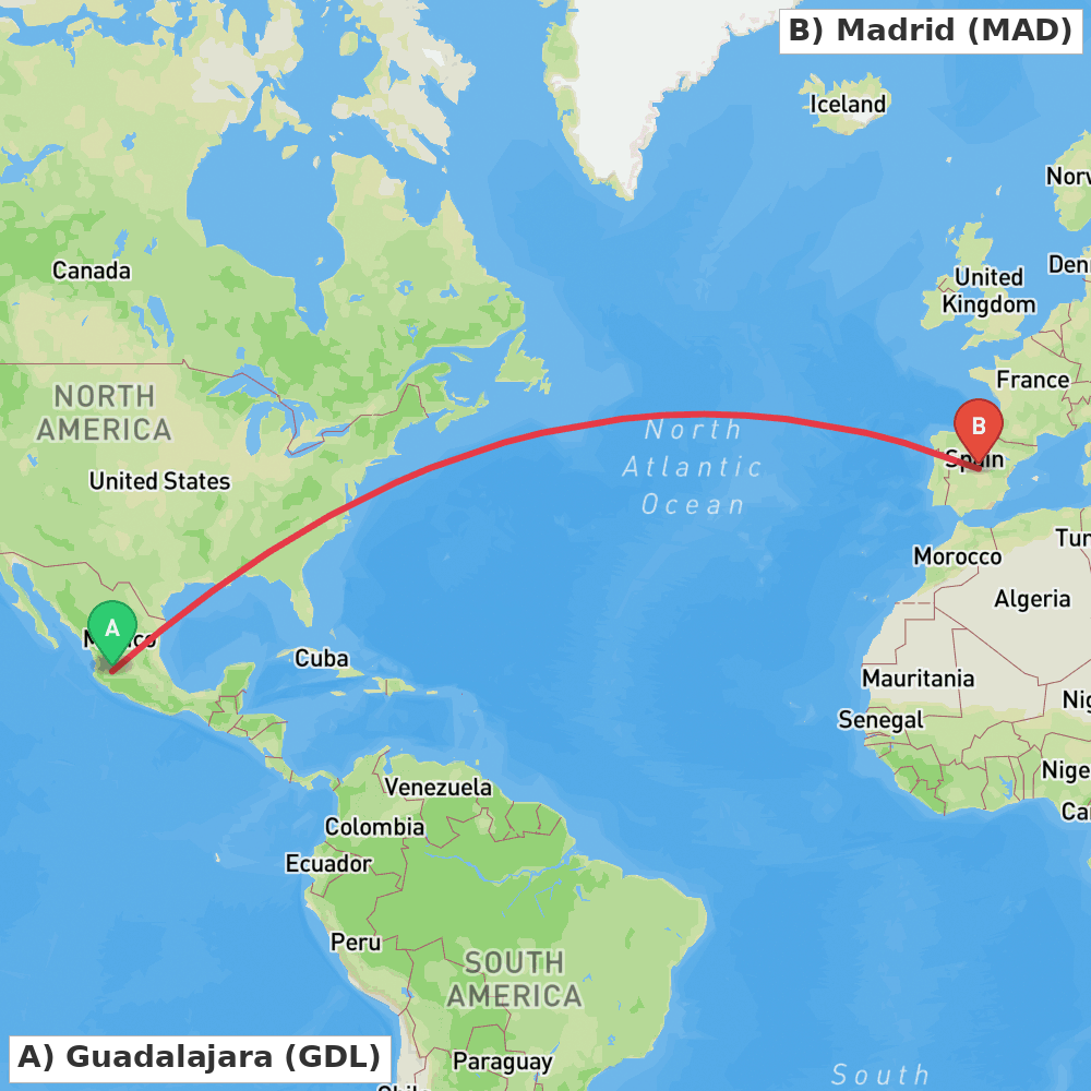 Flight route map from Guadalajara to Madrid