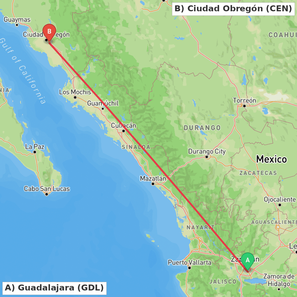 Flight route map from Guadalajara to Ciudad Obregón