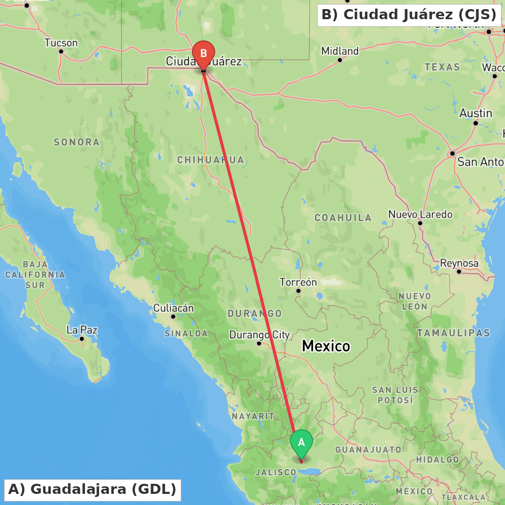 Flight route map from Guadalajara to Ciudad Juárez