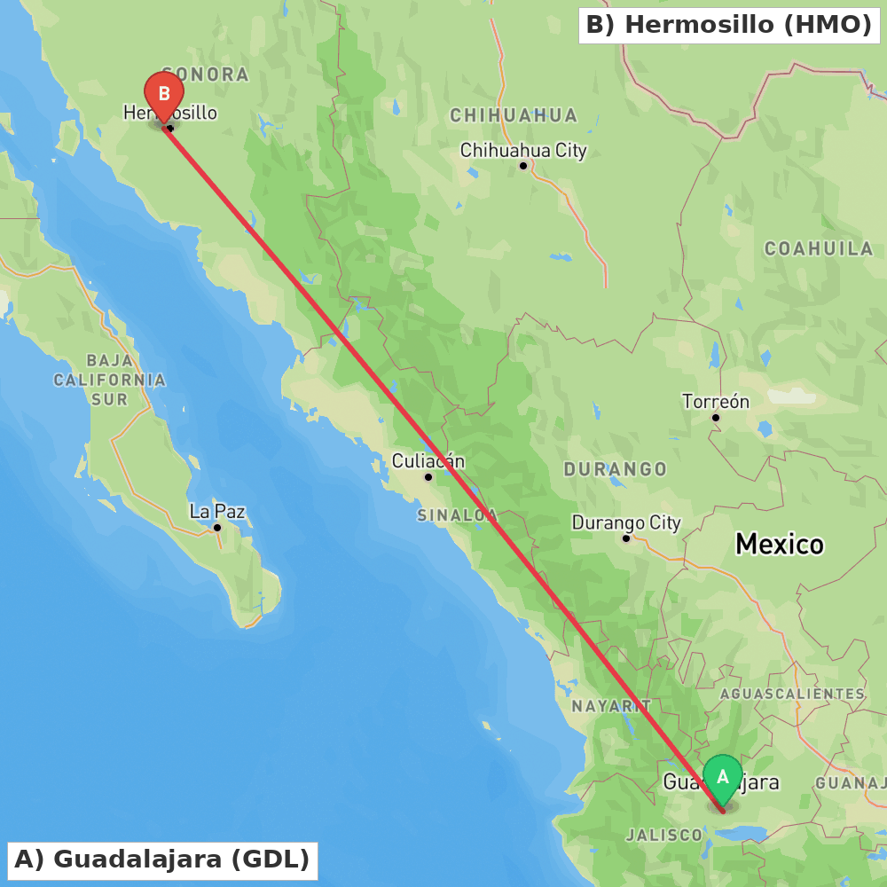 Flight route map from Guadalajara to Hermosillo