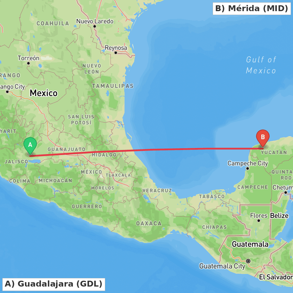 Flight route map from Guadalajara to Mérida