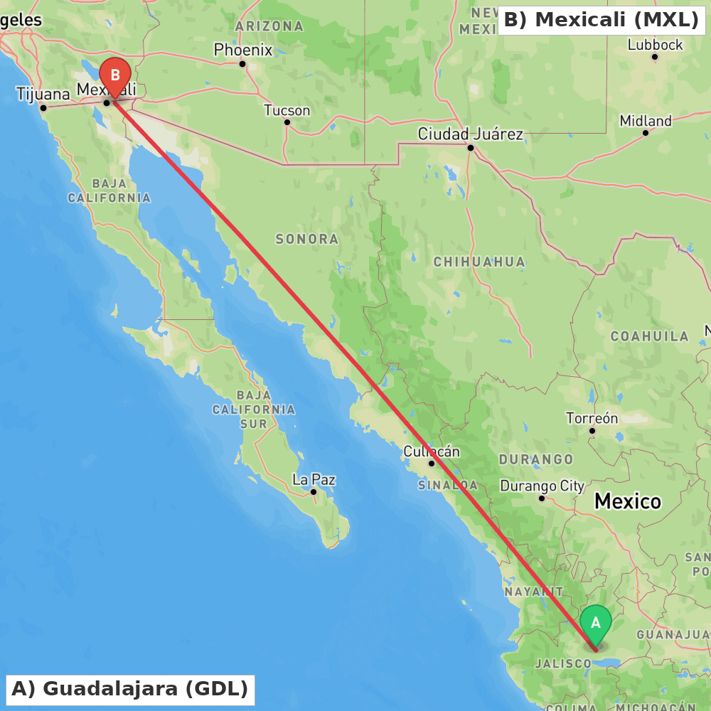 Flight route map from Guadalajara to Mexicali