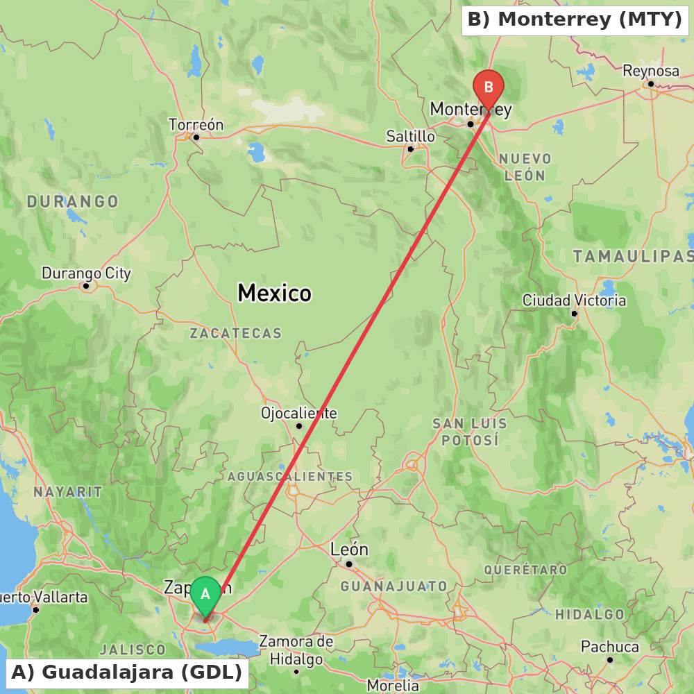 Flight route map from Guadalajara to Monterrey