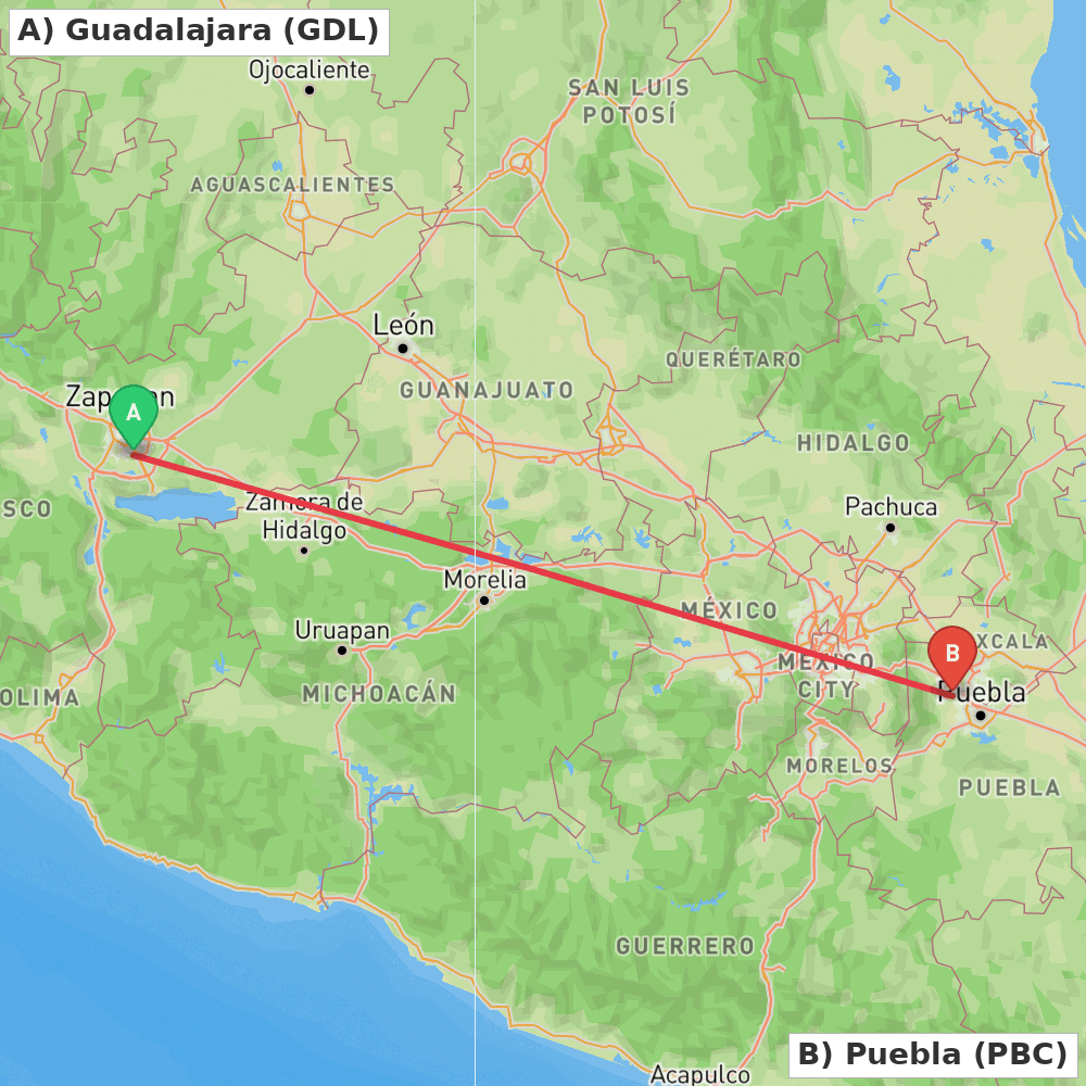 Flight route map from Guadalajara to Puebla