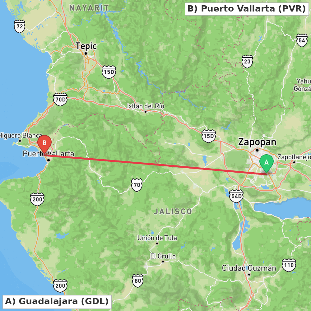 Flight route map from Guadalajara to Puerto Vallarta