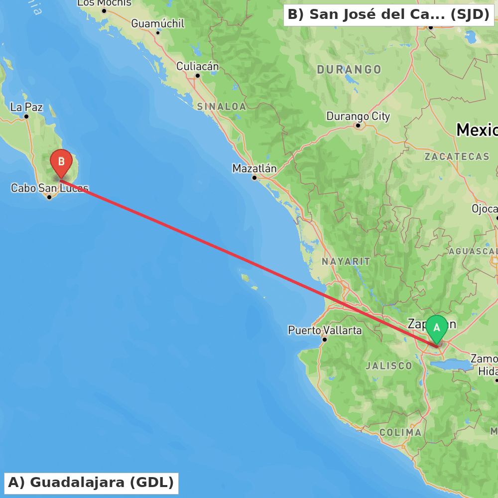 Flight route map from Guadalajara to San José del Cabo