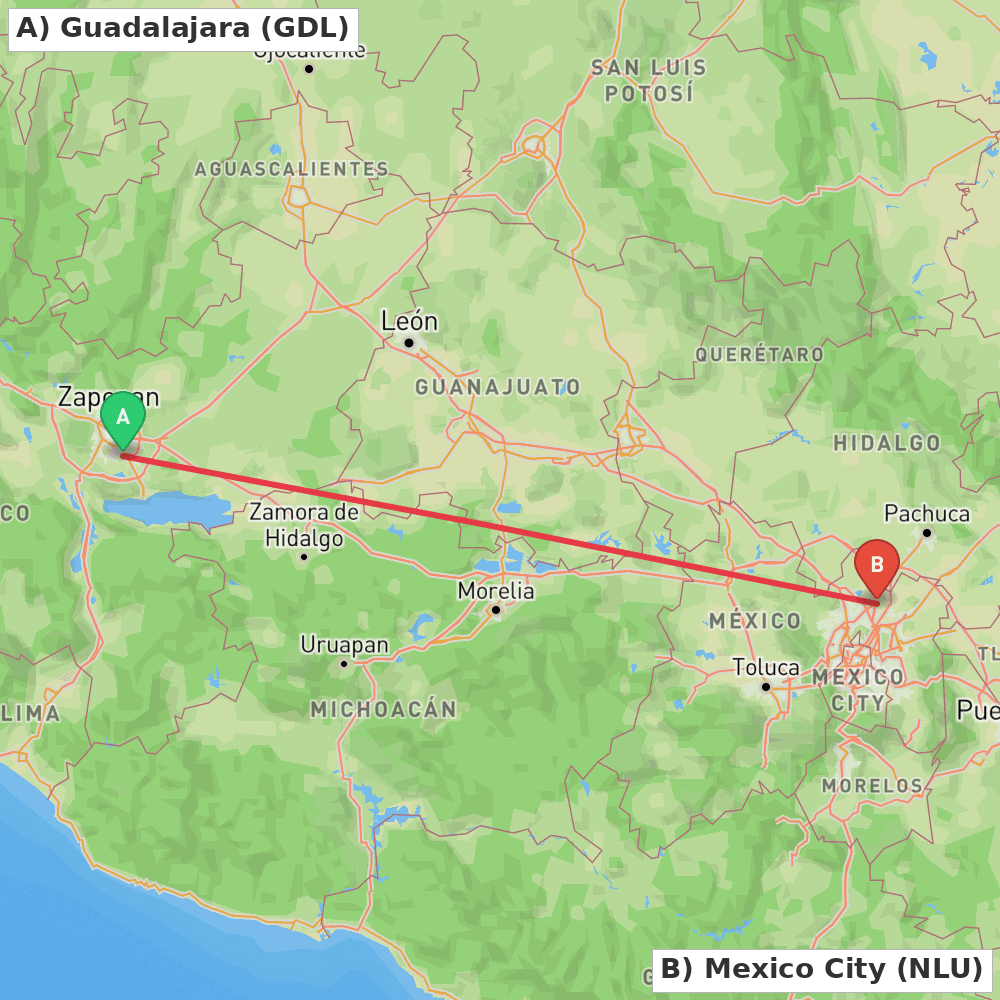 Flight route map from Guadalajara to Mexico City