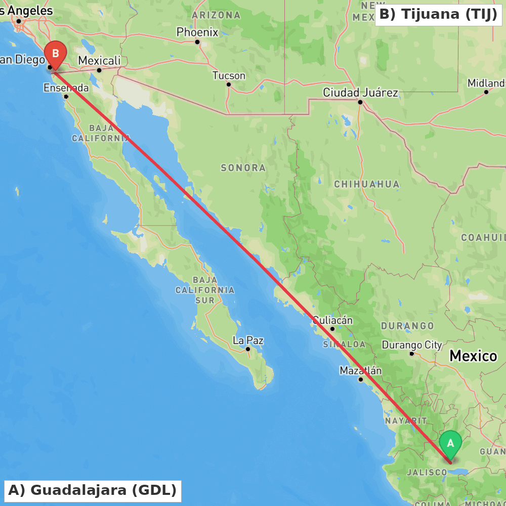 Flight route map from Guadalajara to Tijuana