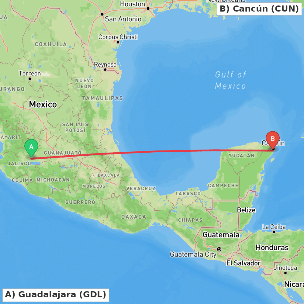 Flight route map from Guadalajara to Cancún