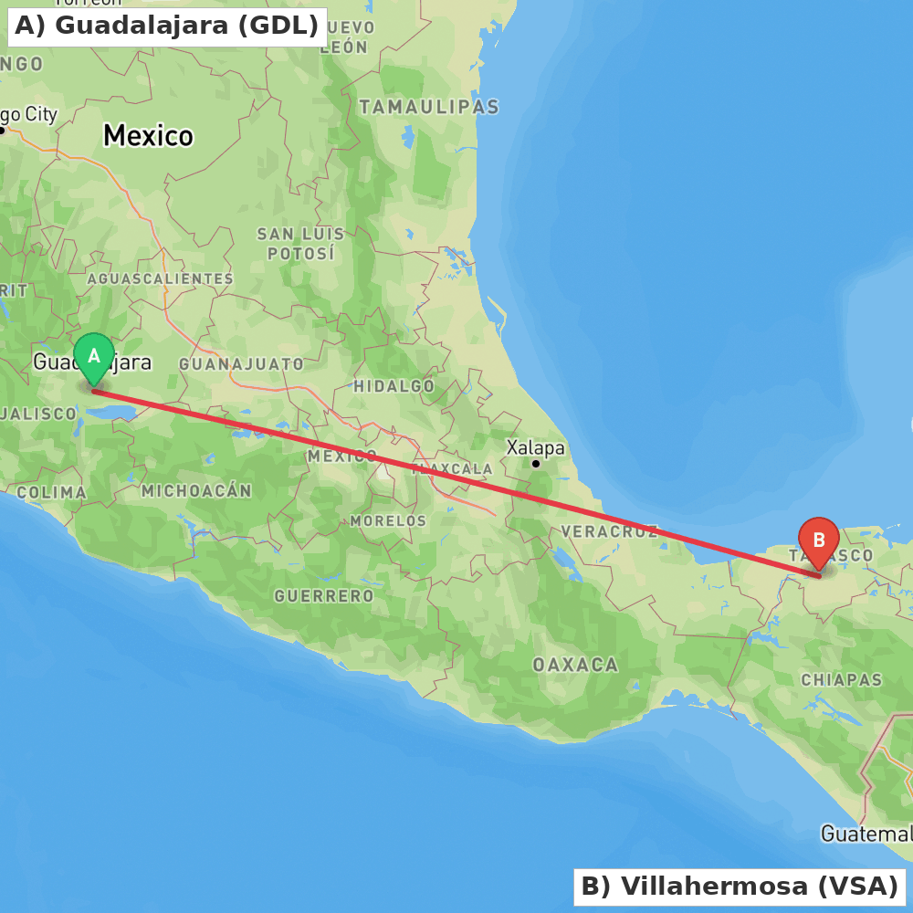 Flight route map from Guadalajara to Villahermosa