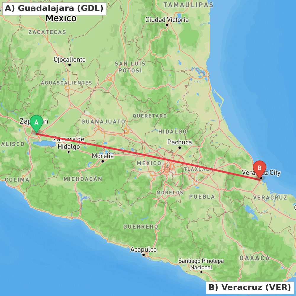 Flight route map from Guadalajara to Veracruz