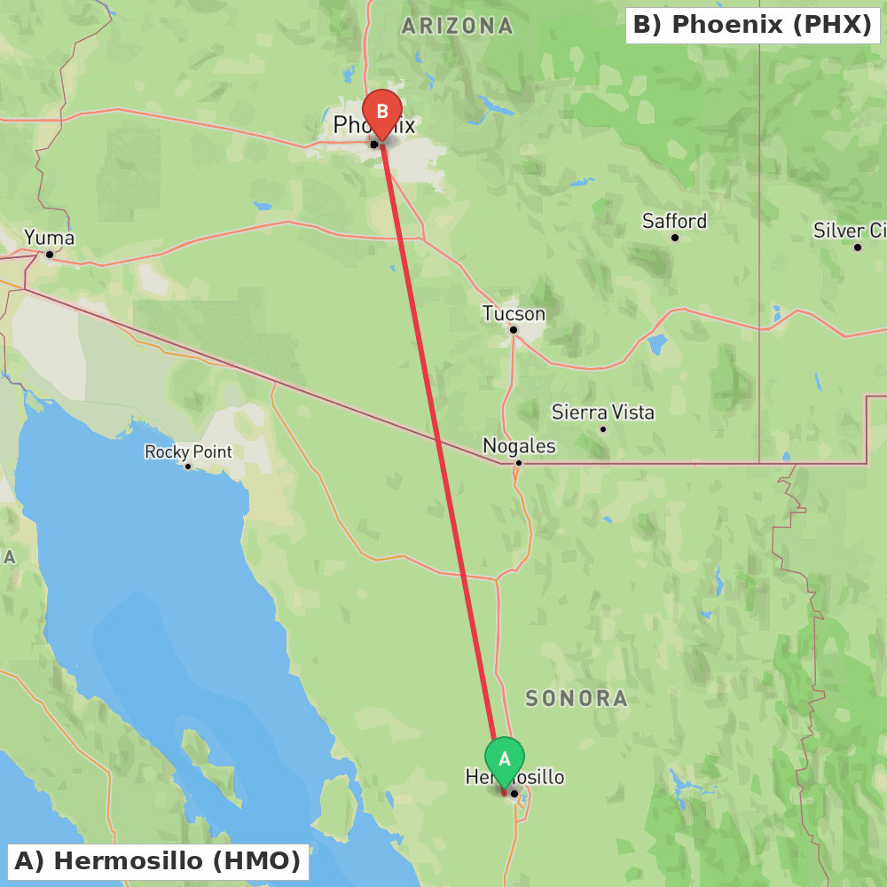 Flight route map from Hermosillo to Phoenix