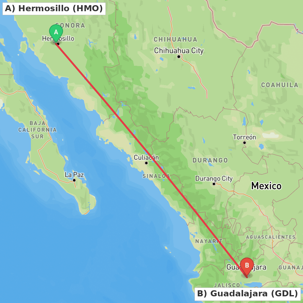 Flight route map from Hermosillo to Guadalajara