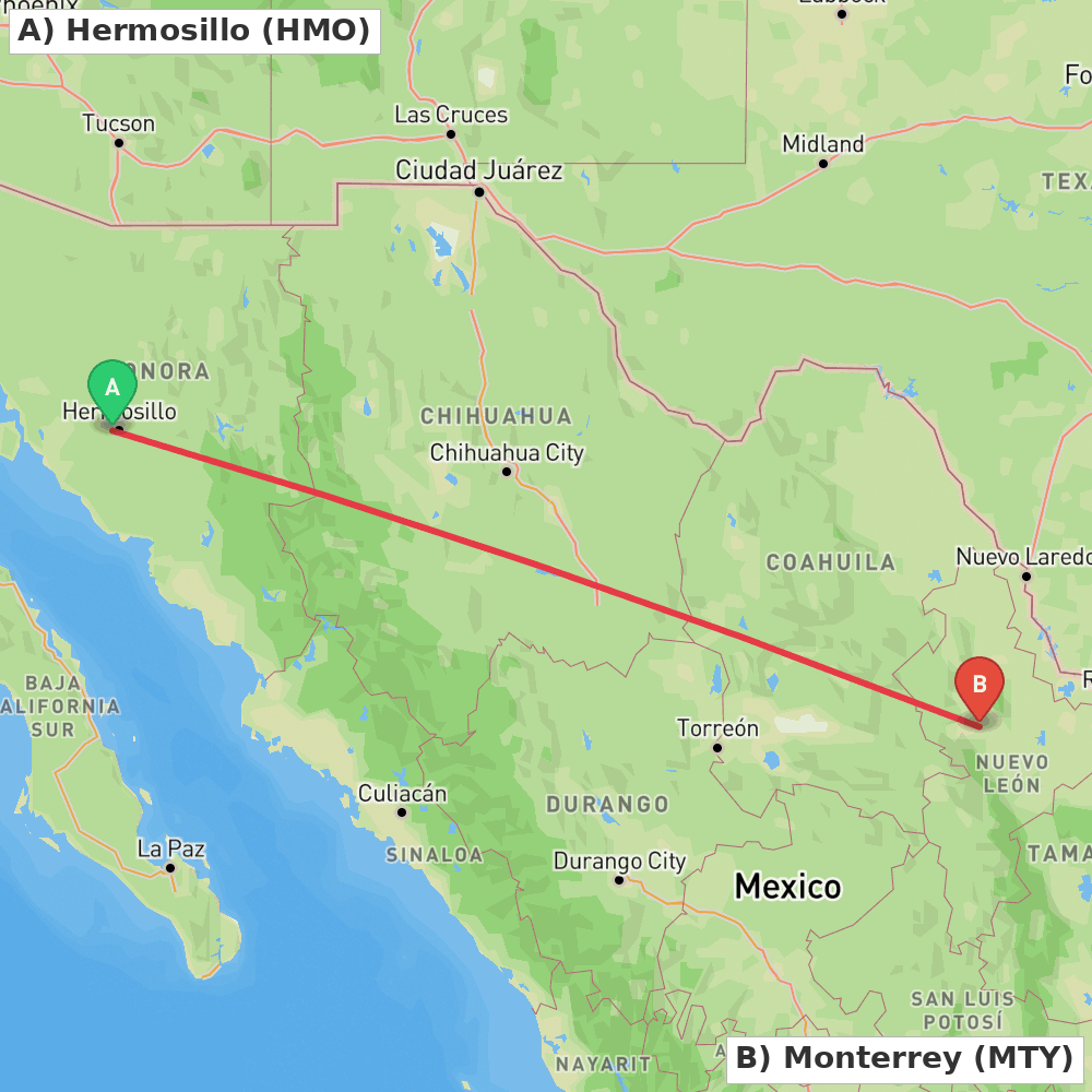 Flight route map from Hermosillo to Monterrey