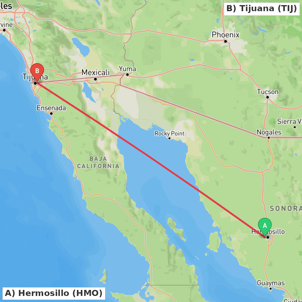 Flight route map from Hermosillo to Tijuana