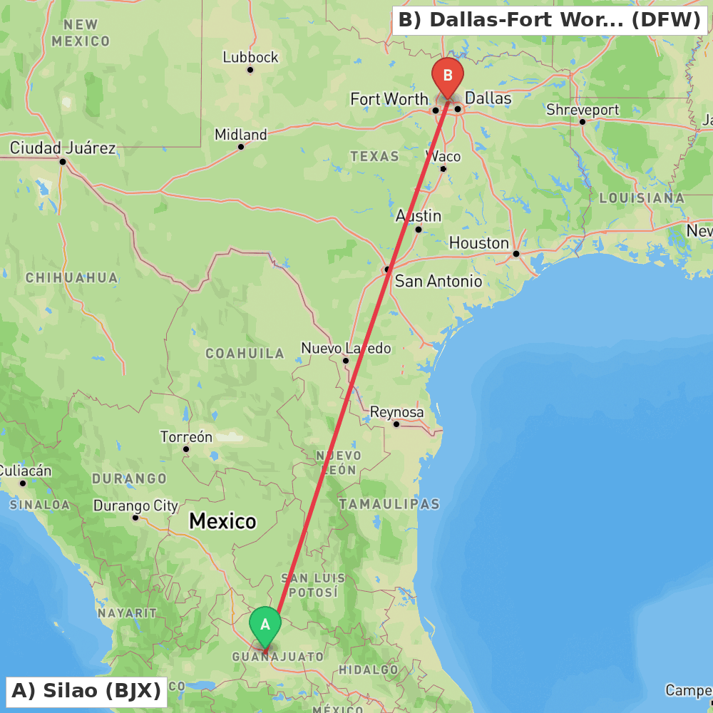 Flight route map from Silao to Dallas-Fort Worth