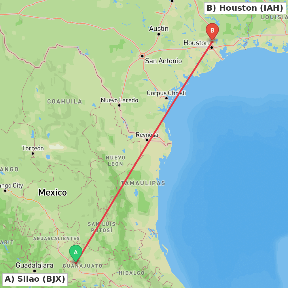 Flight route map from Silao to Houston