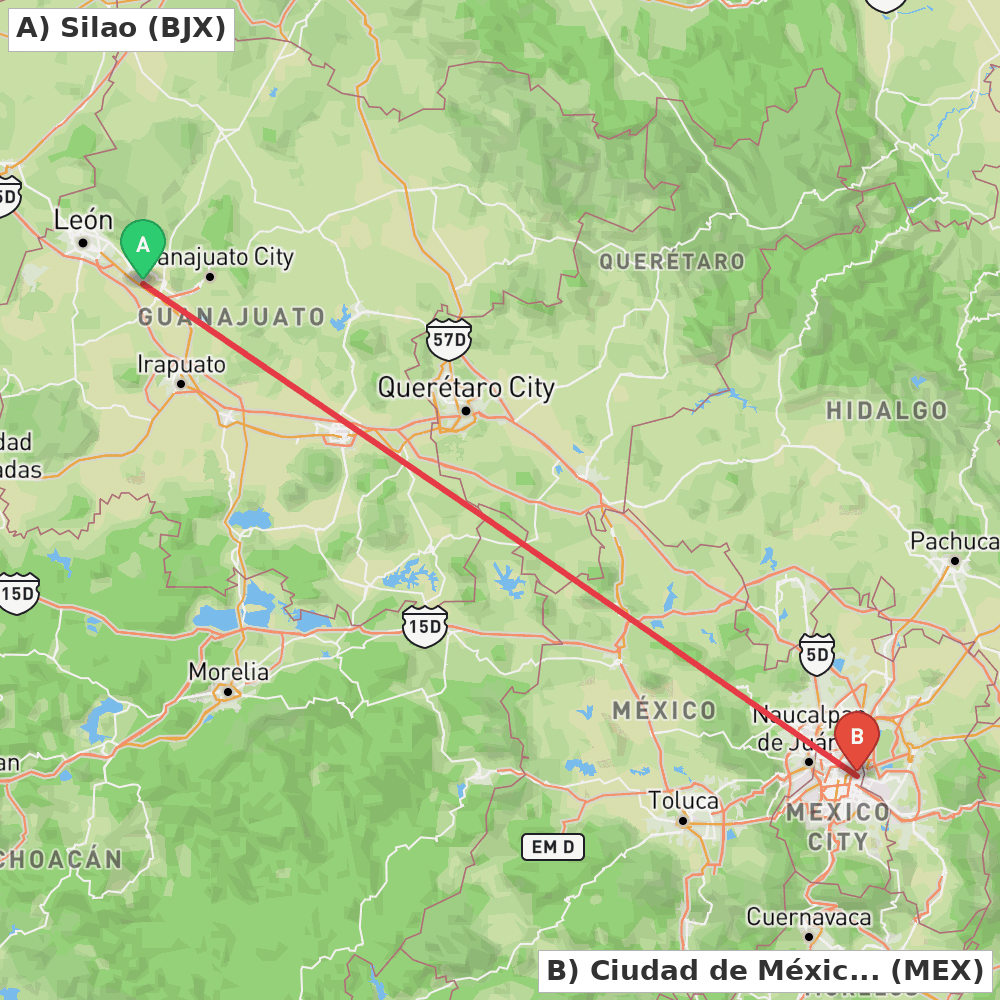 Flight route map from Silao to Ciudad de México