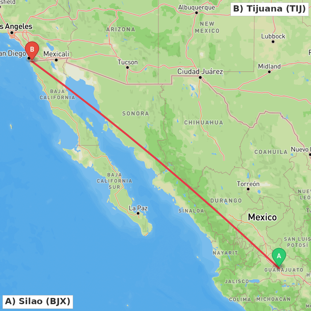 Flight route map from Silao to Tijuana