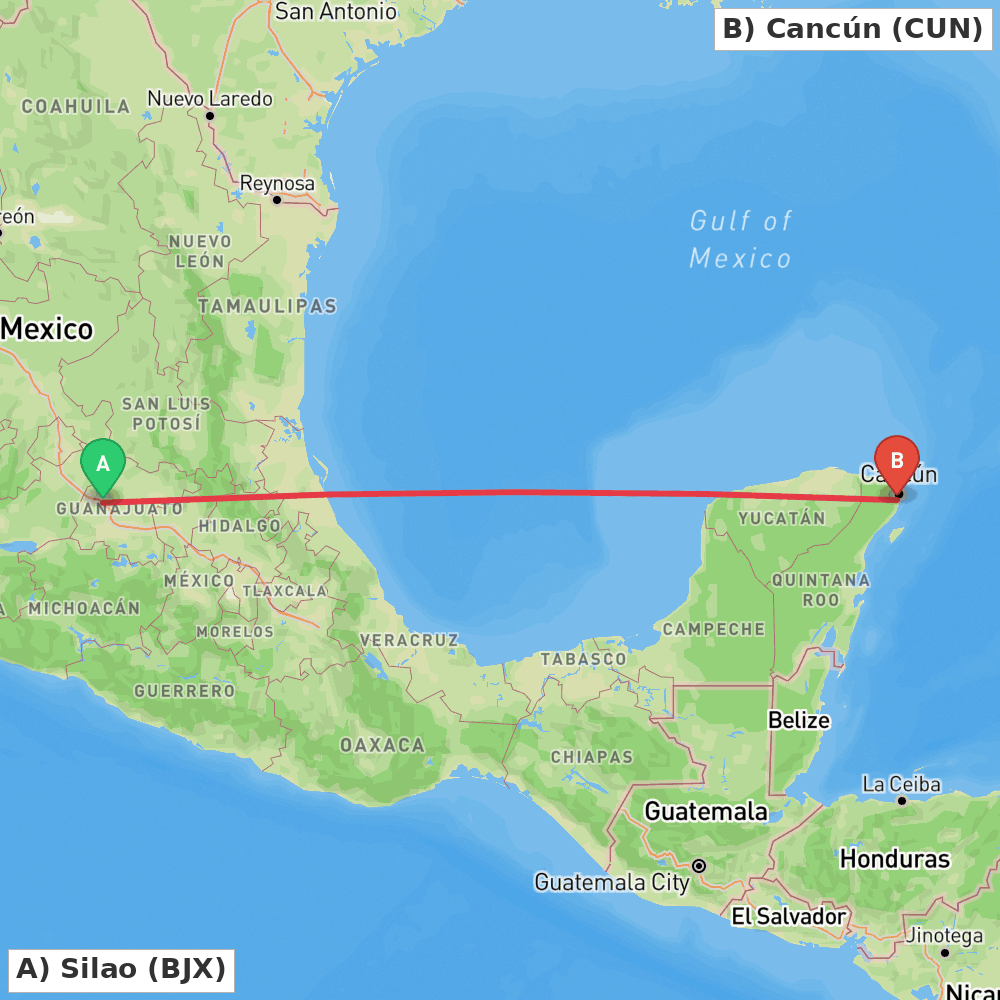 Flight route map from Silao to Cancún