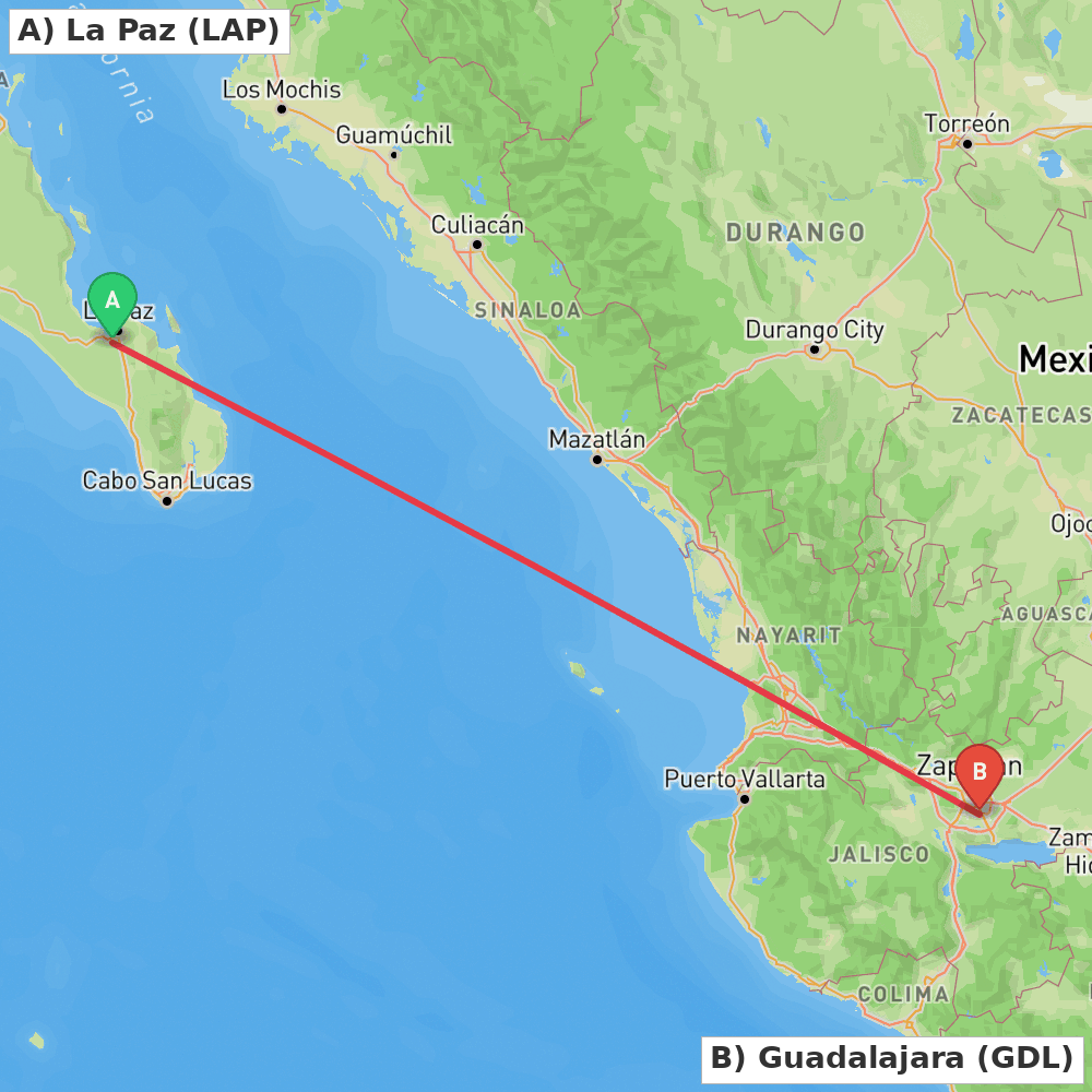 Flight route map from La Paz to Guadalajara
