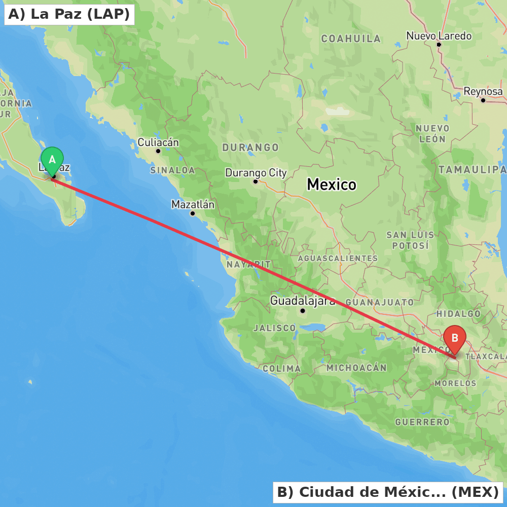 Flight route map from La Paz to Ciudad de México