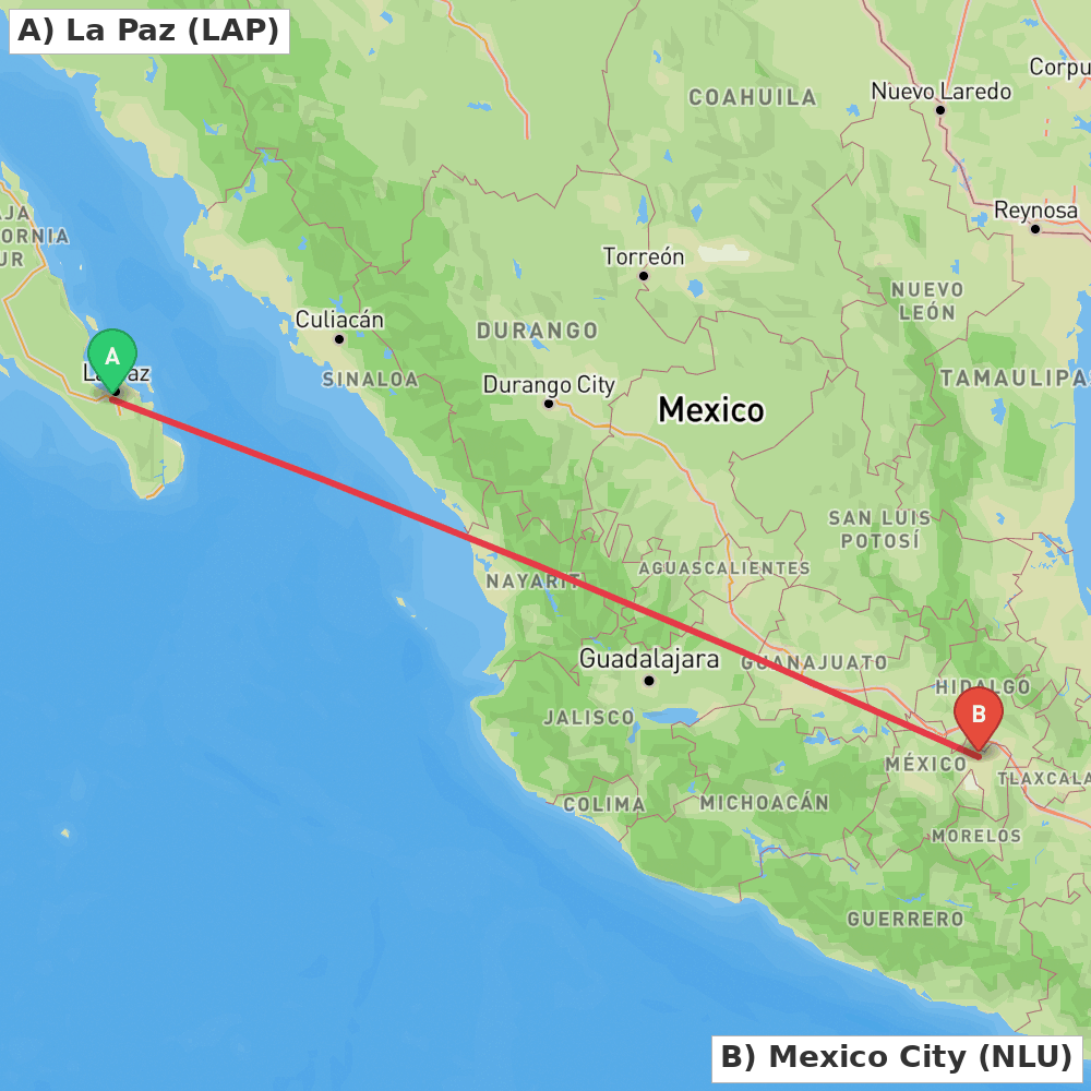 Flight route map from La Paz to Mexico City