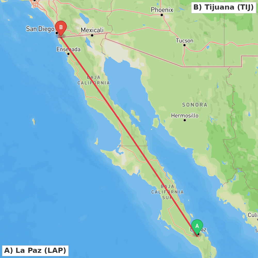 Flight route map from La Paz to Tijuana
