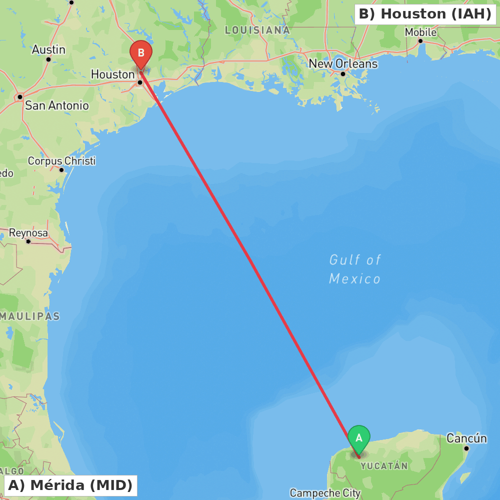 Flight route map from Mérida to Houston