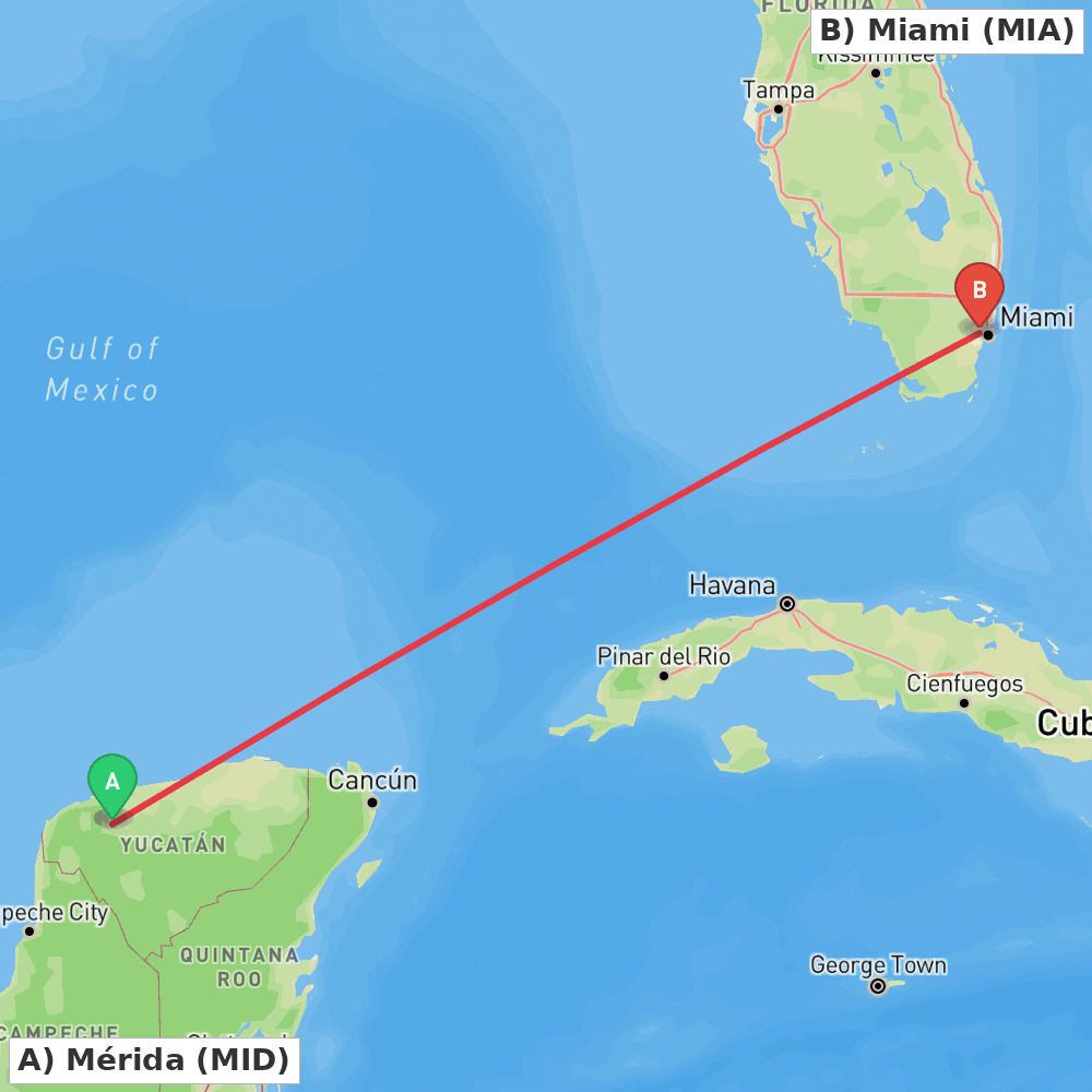Flight route map from Mérida to Miami