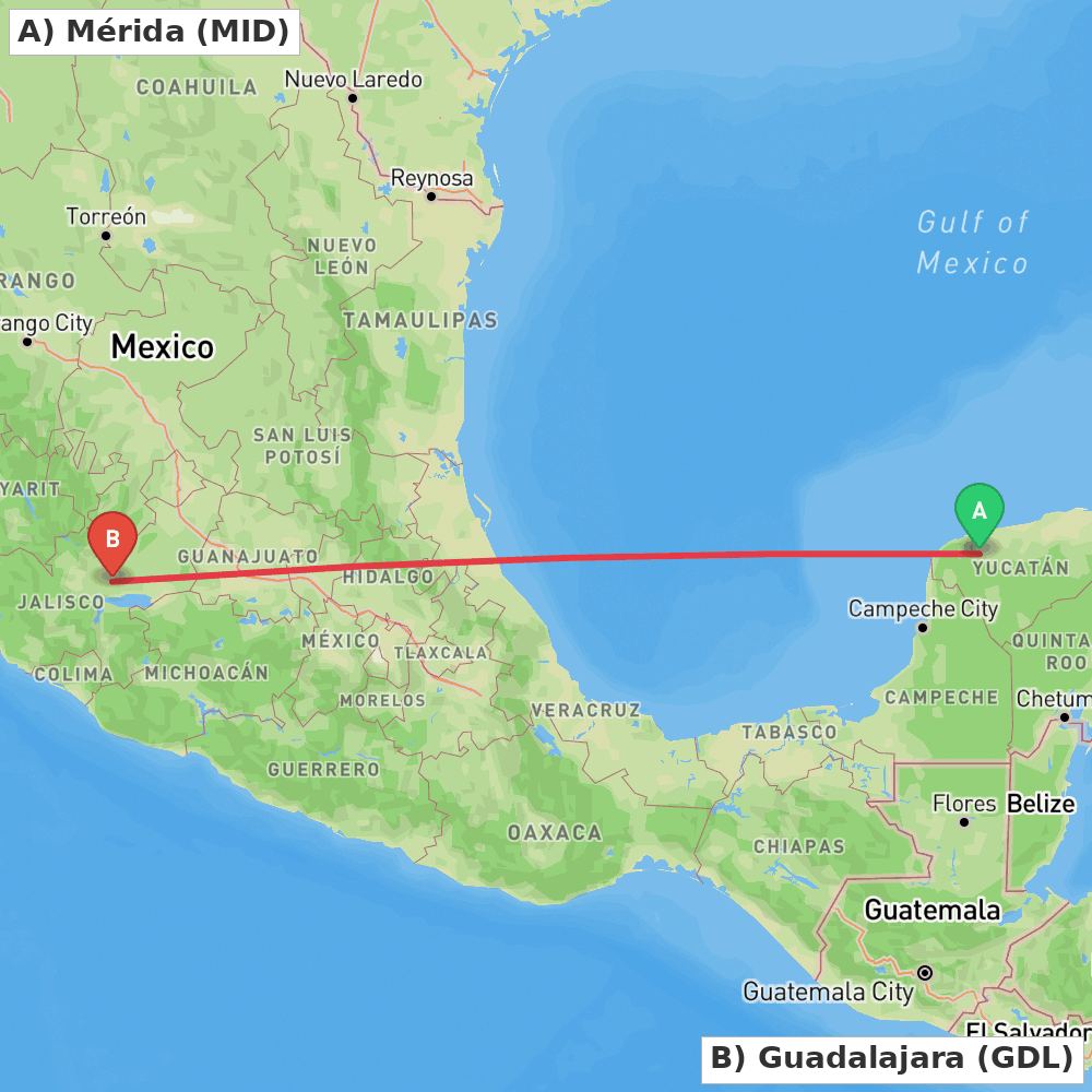 Flight route map from Mérida to Guadalajara