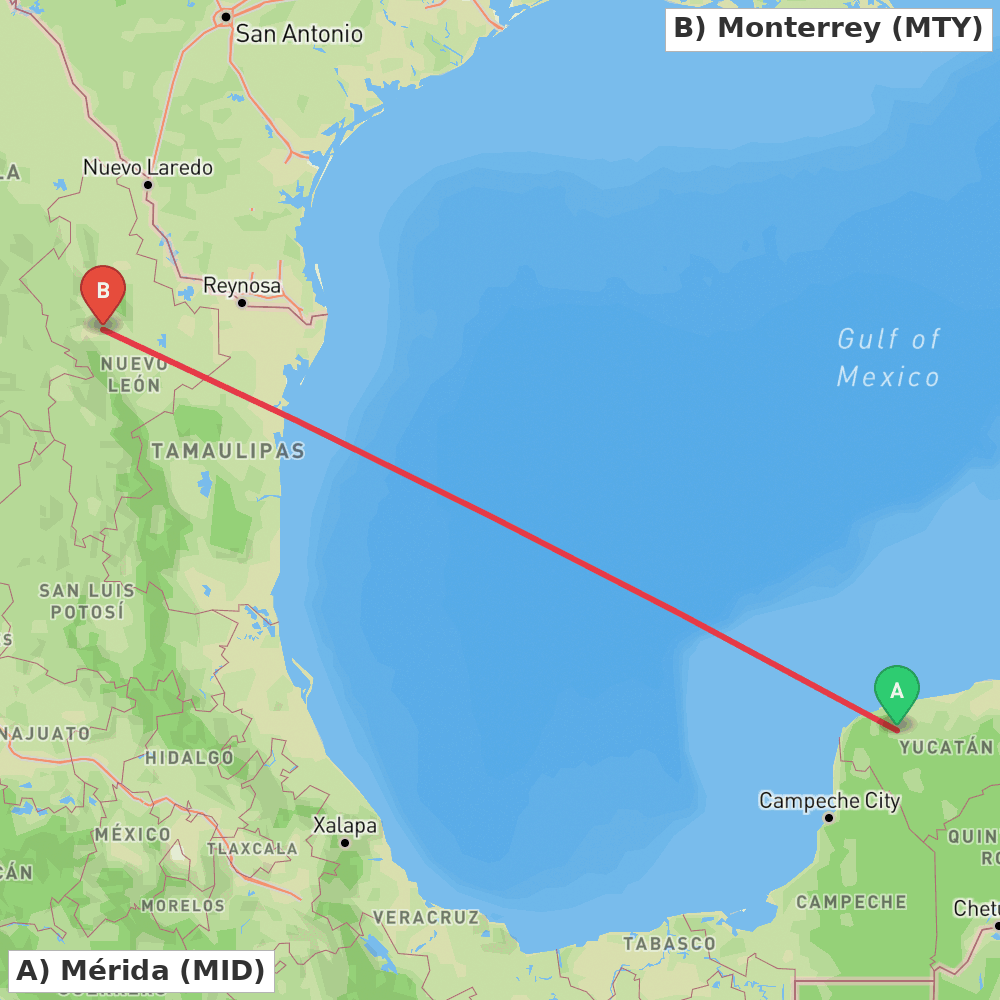 Flight route map from Mérida to Monterrey