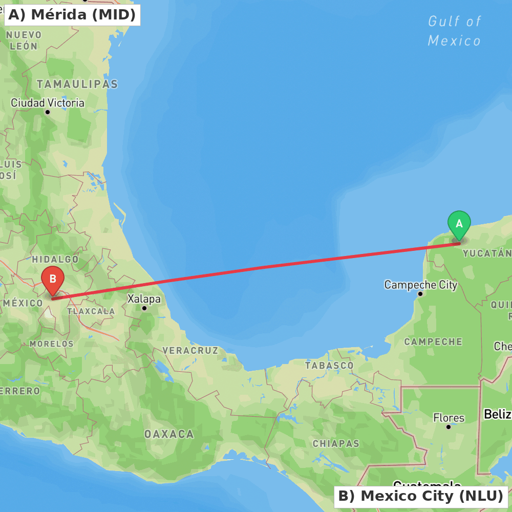 Flight route map from Mérida to Mexico City