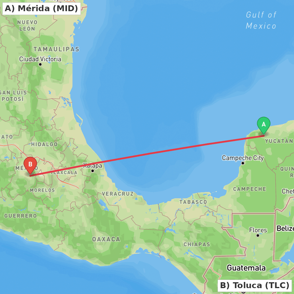 Flight route map from Mérida to Toluca