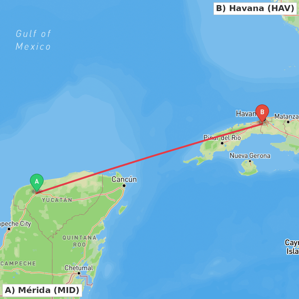 Flight route map from Mérida to Havana