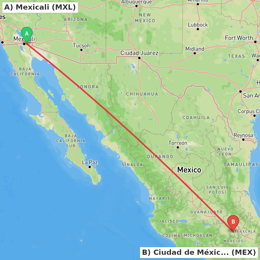 Flight route map from Mexicali to Ciudad de México
